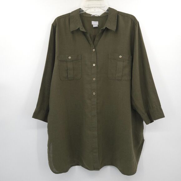 Chico's 100% linen popover tunic top Size 4 (XXL) button up non-iron green - Picture 1 of 9